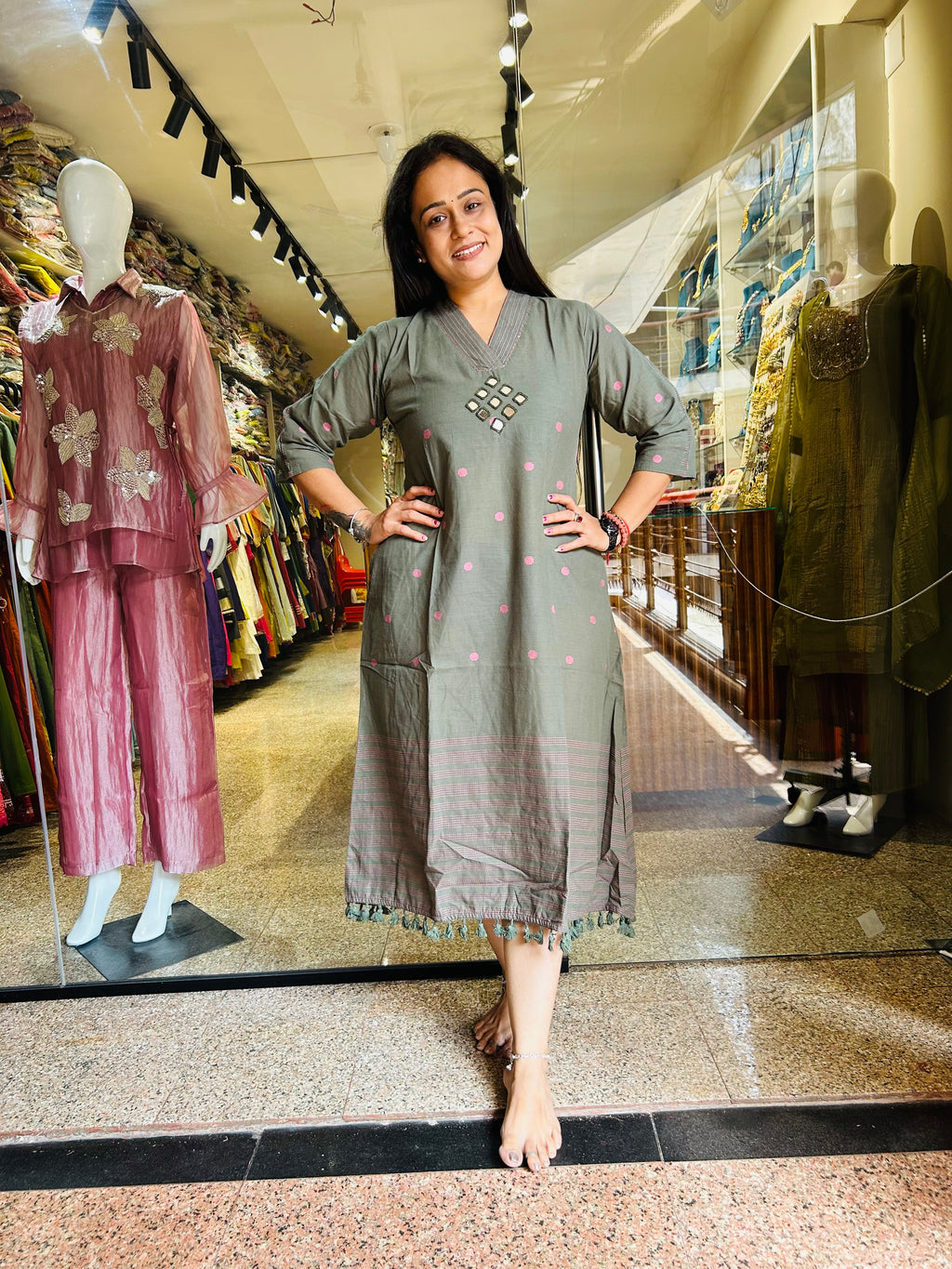 Jamdani mirror work frock