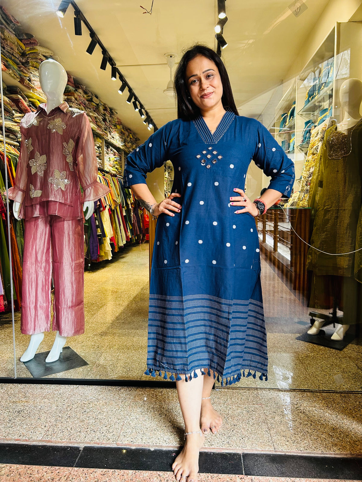 Jamdani mirror work frock