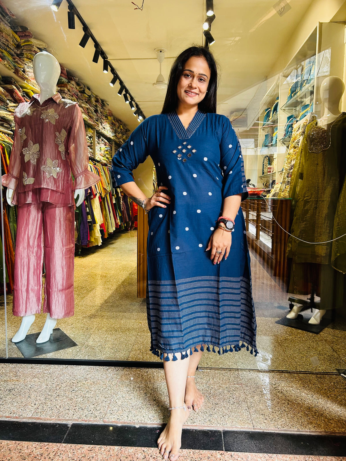 Jamdani mirror work frock