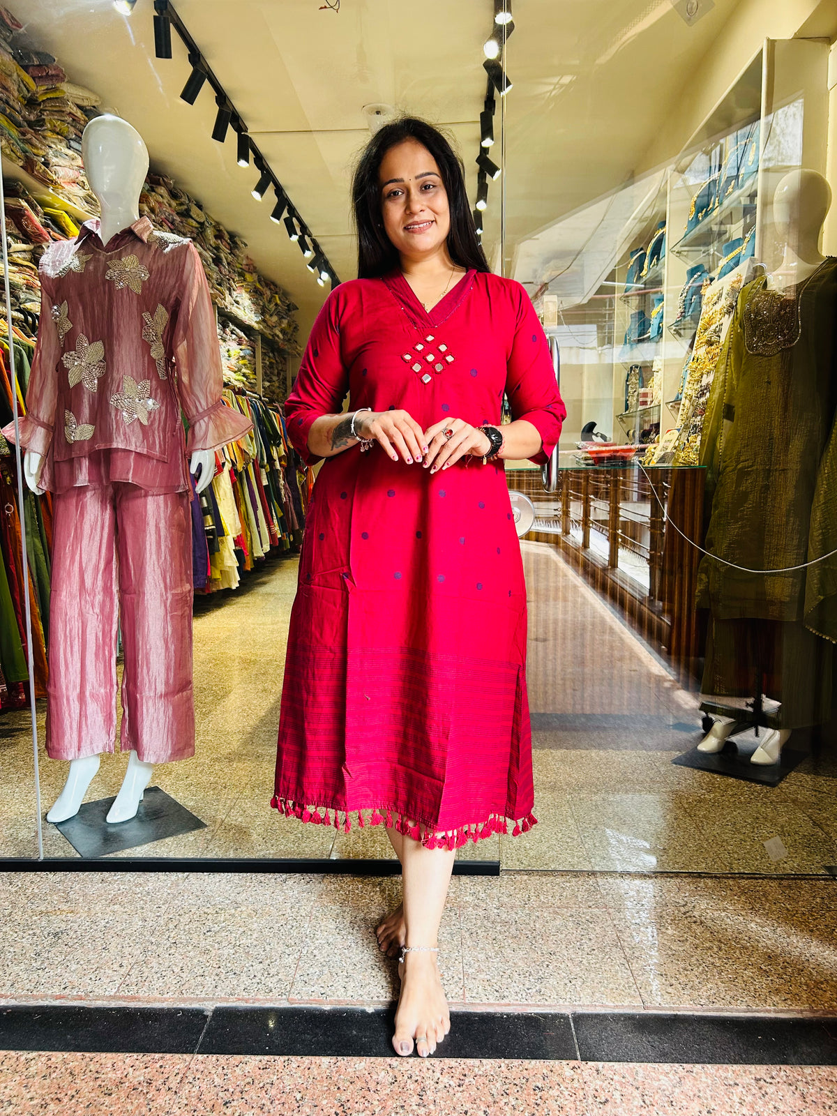 Jamdani mirror work frock
