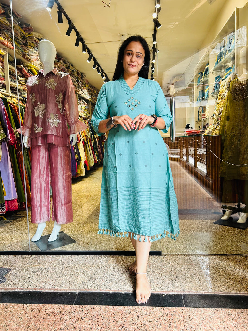 Jamdani mirror work frock