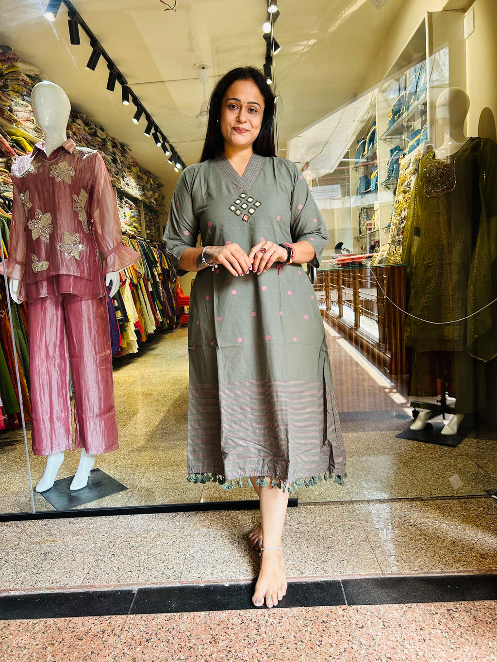 Jamdani mirror work frock