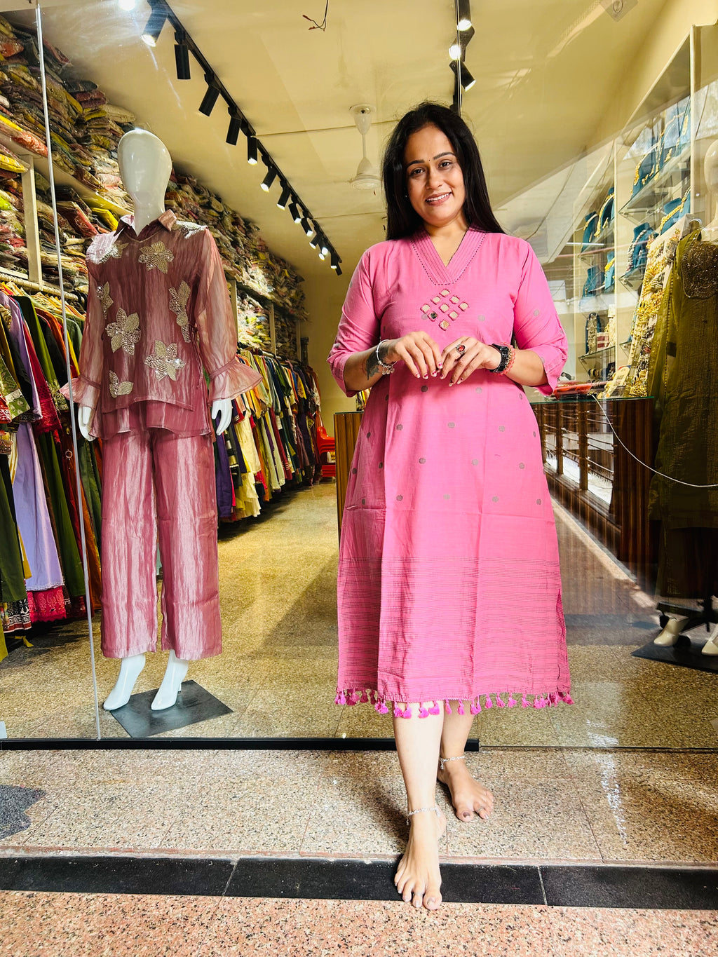 Jamdani mirror work frock