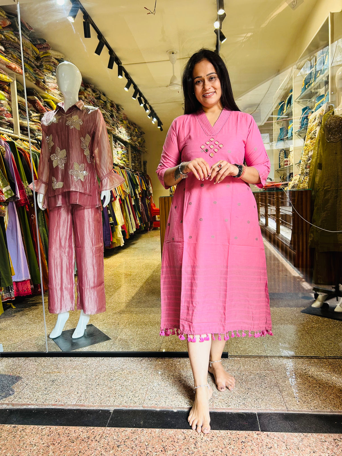 Jamdani mirror work frock